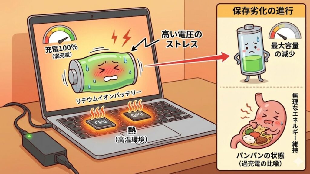 ノートパソコンACアダプターつなぎっぱなしの影響