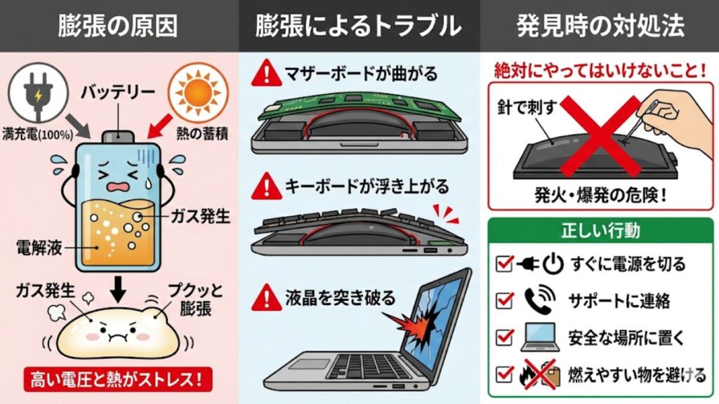 バッテリーの膨張を招く満充電放置の危険性