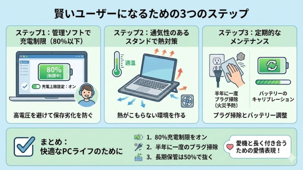 ノートパソコンACアダプターつなぎっぱなしの最適解