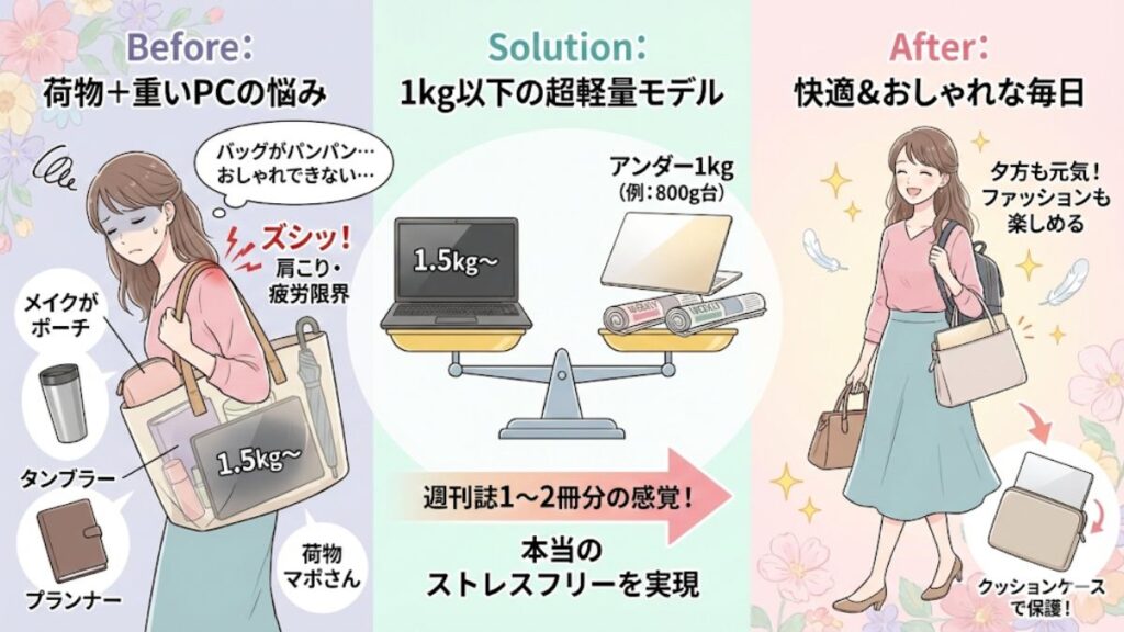 女性でも負担にならない1kg以下の軽量モデル