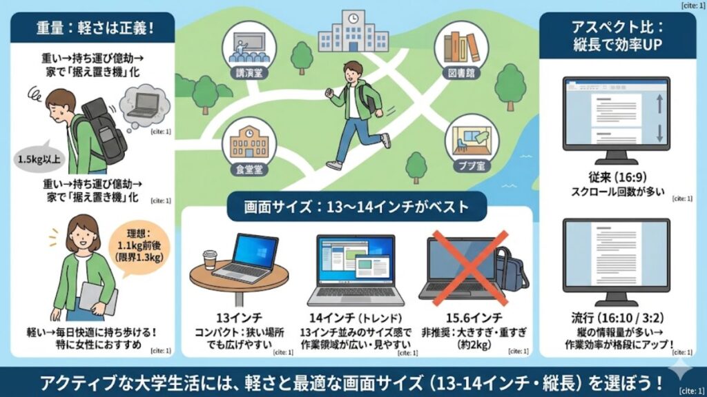 持ち運びを重視した軽量設計と画面サイズ