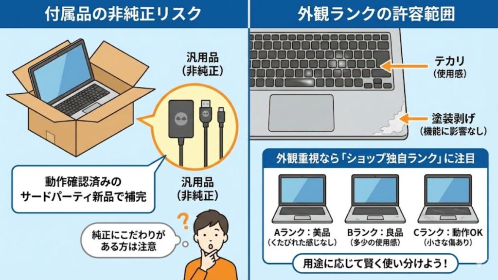 付属品の非純正リスクと外観ランクの許容範囲