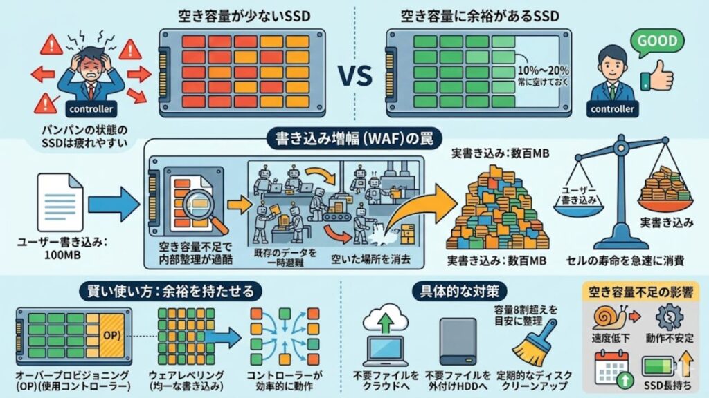 寿命を縮める空き容量の枯渇とデータ密度の関係