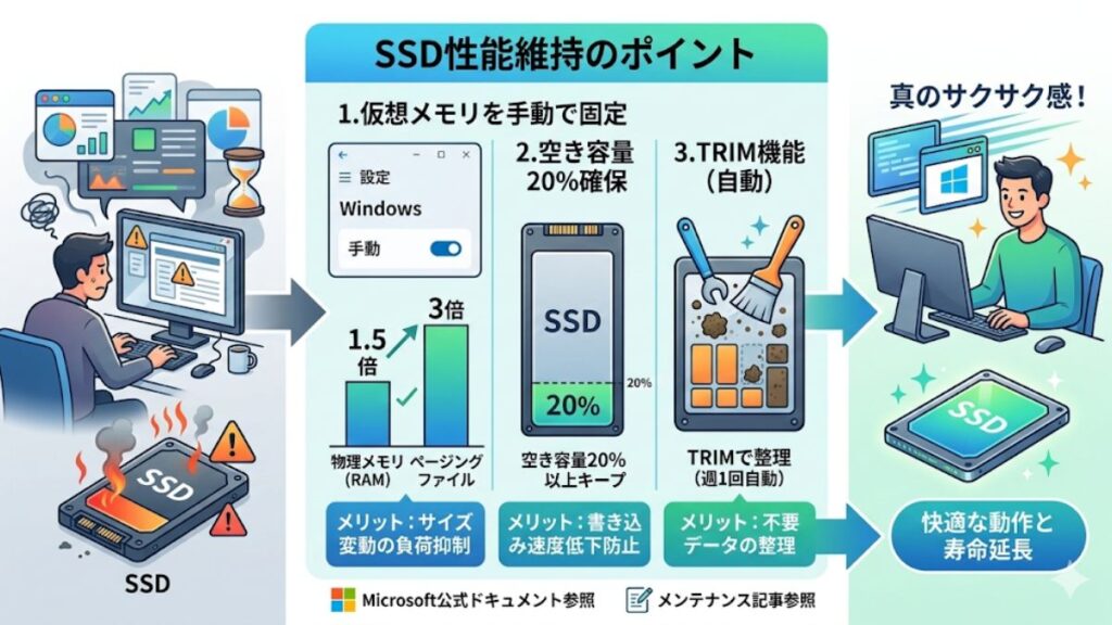 SSDの性能維持と仮想メモリ設定の最適化