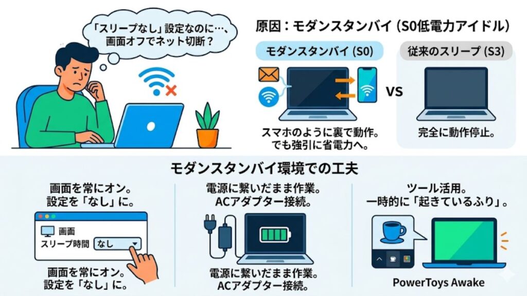 モダンスタンバイで勝手にスリープする時の対処法
