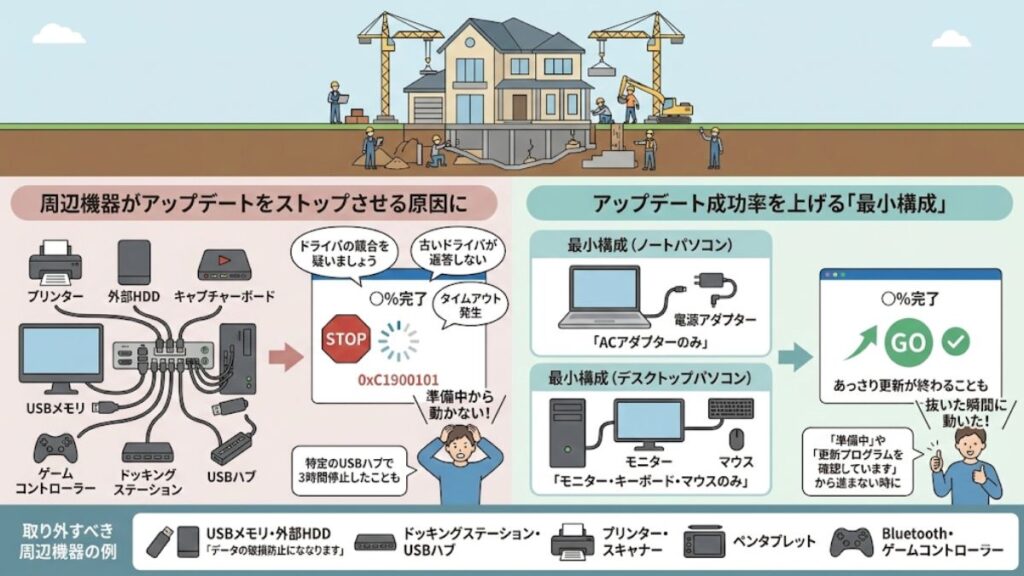 周辺機器を外しドライバ競合による停滞を防ぐ