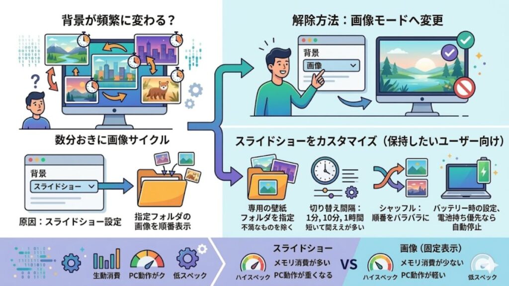 スライドショー設定によりデスクトップ背景が変わる