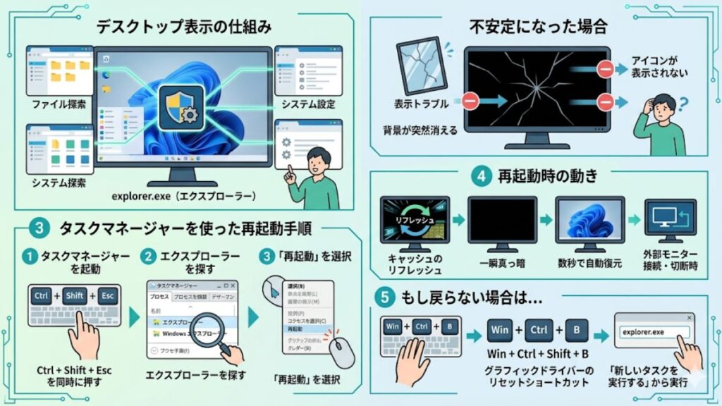 エクスプローラーの再起動で背景の表示を正常化する