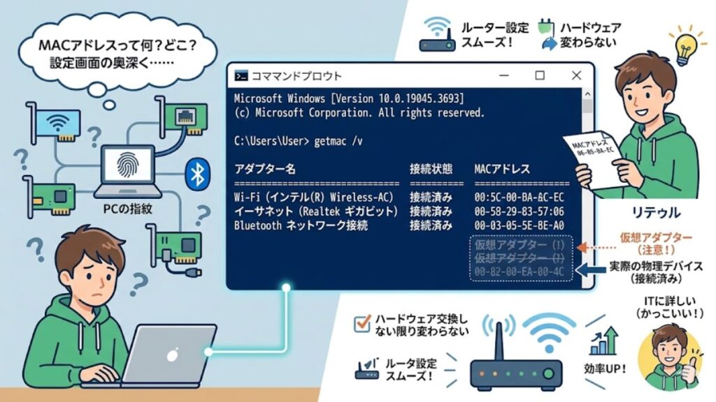 MACアドレスをコマンドで瞬時に特定する技術