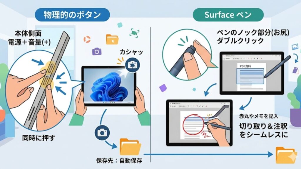 サーフェスで物理ボタンを使用して保存する方法
