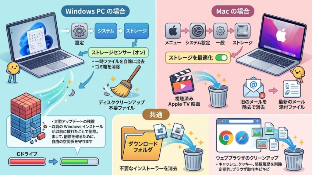 WindowsやMacなどPCの不要ファイルを消去する