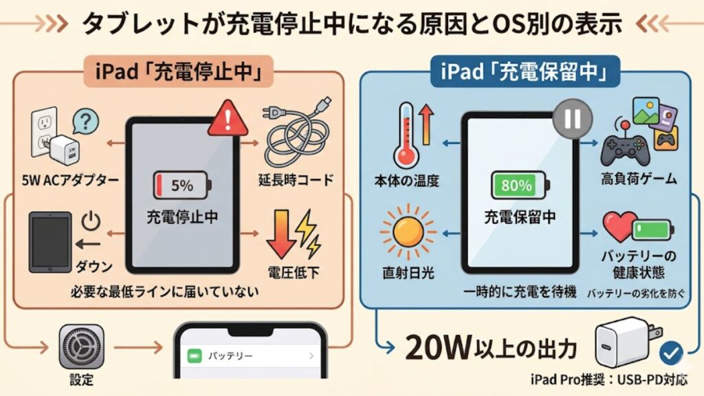 タブレットが充電停止中になる原因とOS別の表示