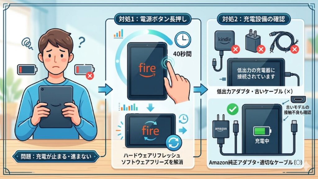 Fireタブレットが充電停止中になる時の対処