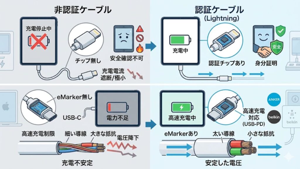 MFi認証のない非純正ケーブルによる制限