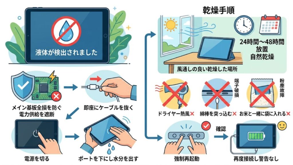 液体検出アラートが表示された時の乾燥手順