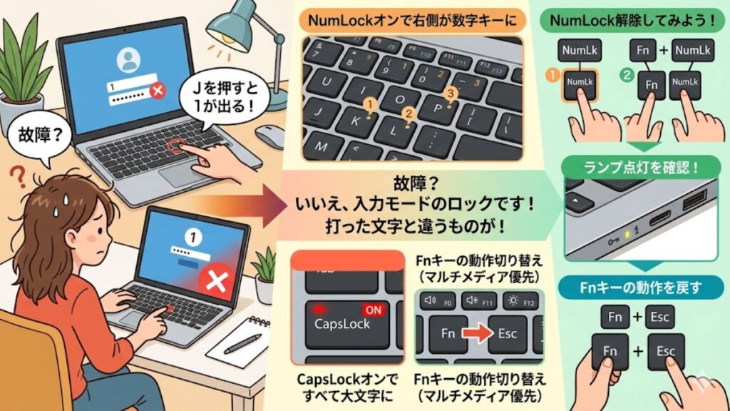 NumLockやFnキーによる入力モードのロックを確認