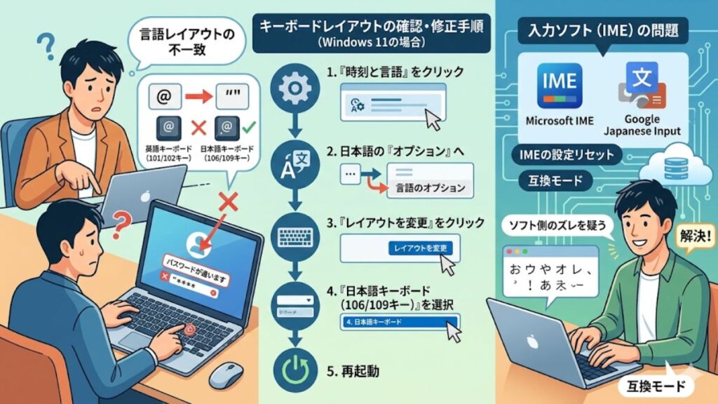 日本語入力IMEやキーボードレイアウト設定の修正