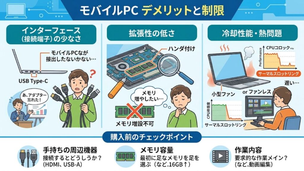 モバイルパソコンのデメリットと軽量化による制限