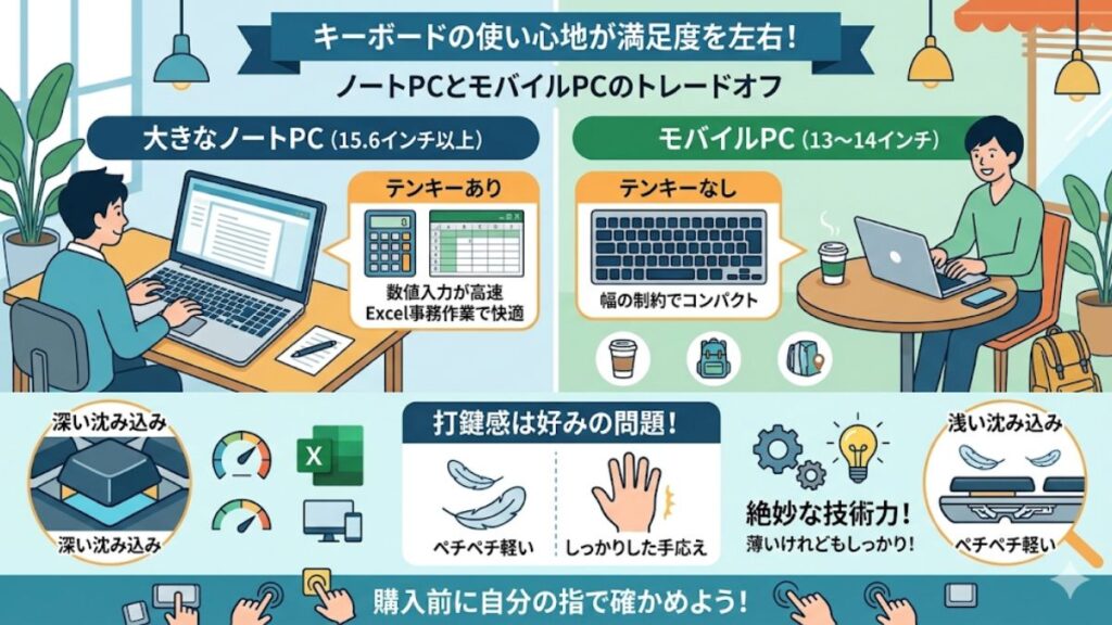 テンキーの有無やキーボードの打鍵感による操作性の差
