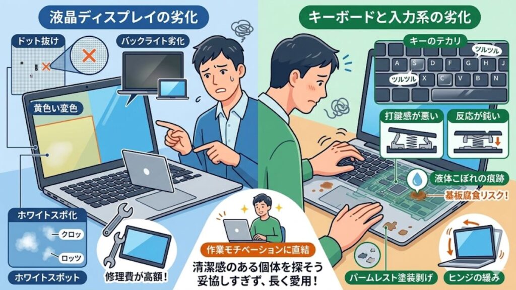 液晶のドット抜けやキーボードのテカリに見る使用感の悪さ