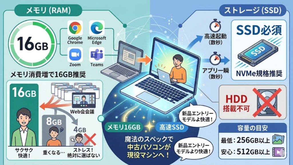 2026年の標準となるメモリ16GBとSSDのスペック