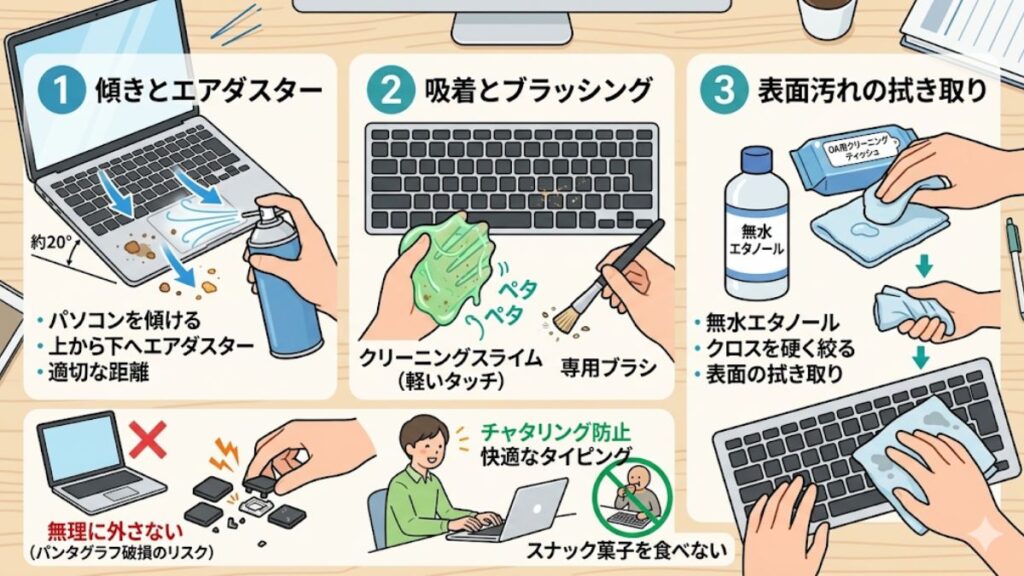 キーボードの隙間に溜まったゴミを取り除くコツ