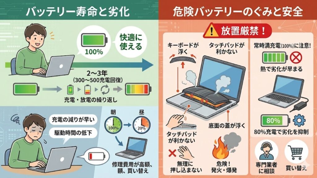 バッテリー寿命による膨張や駆動時間の低下