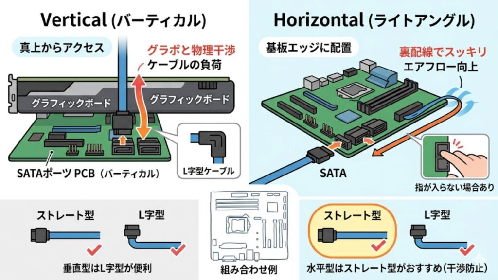 垂直型と水平型コネクタの形状の違いと配置の特徴