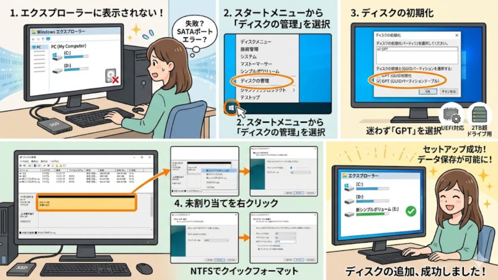 Windowsのディスクの管理で新しいドライブを初期化する方法