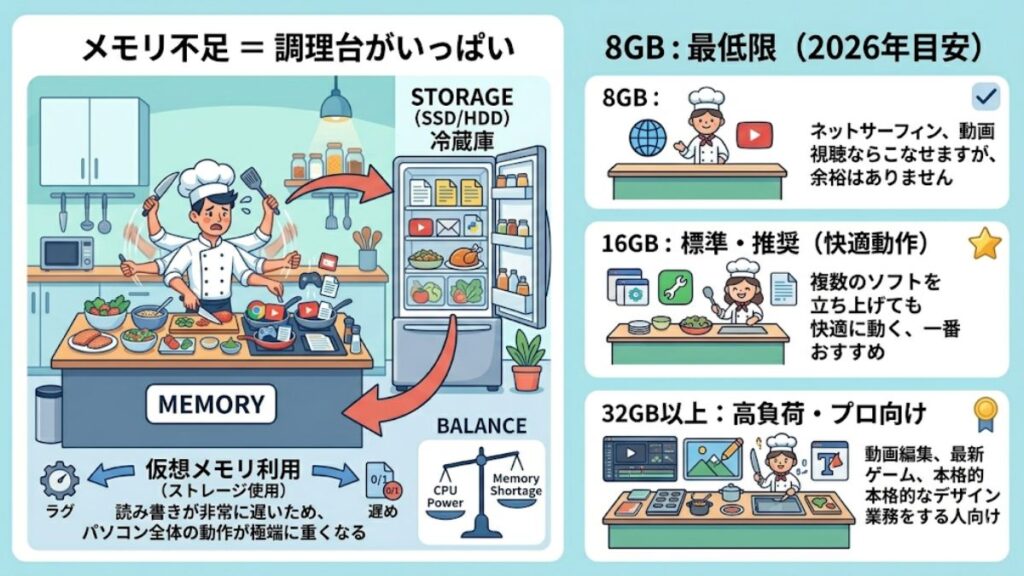 作業領域の広さを決めるメモリ容量の役割