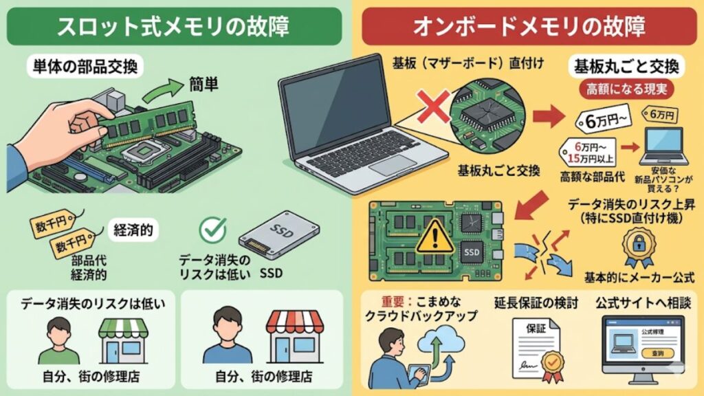 メモリのオンボードが故障や修理が必要になった時の注意点
